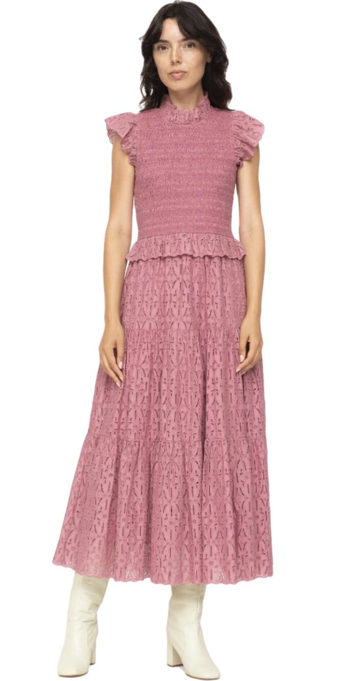 Sea New York Ingrid Midi Eyelet Ruffle Smocked Sleeveless Dress Rose Pink 8 Med